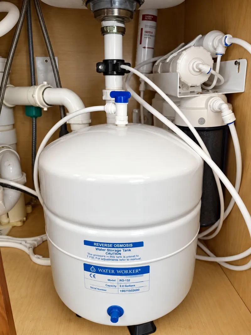Under-sink reverse osmosis storage tank and filters