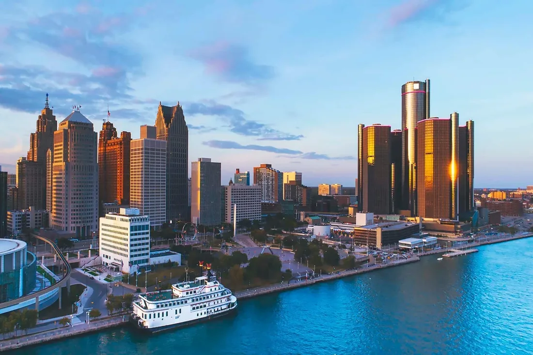 Downtown Detroit skyline at sunset