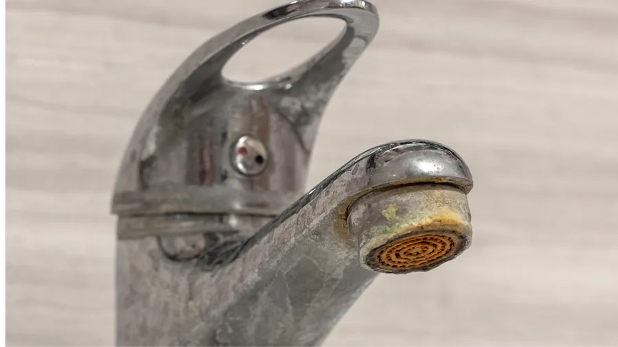 Hard water scale built up on a faucet aerator