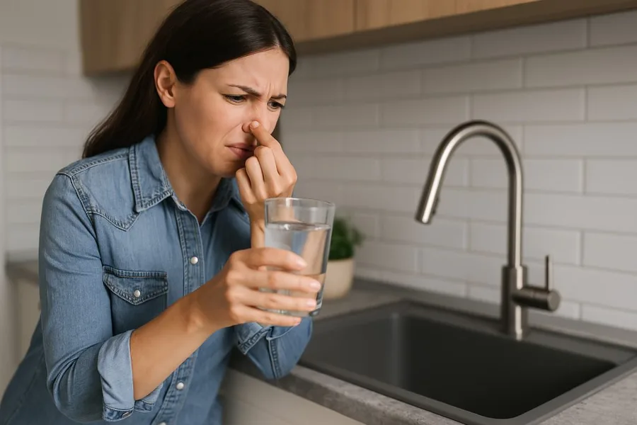 A woman reacting to the smell of a glass of tap water