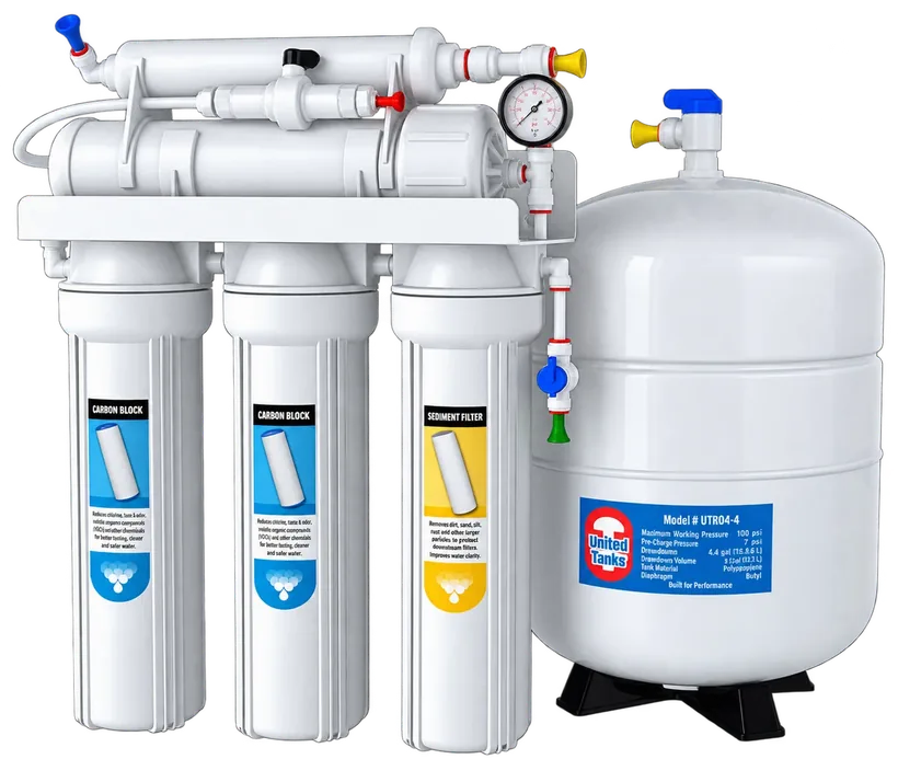 Under-sink reverse osmosis system with carbon block and sediment filters and storage tank