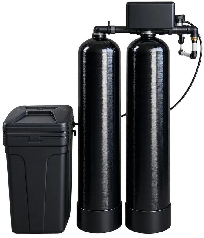 Dual-tank well water treatment system with brine tank